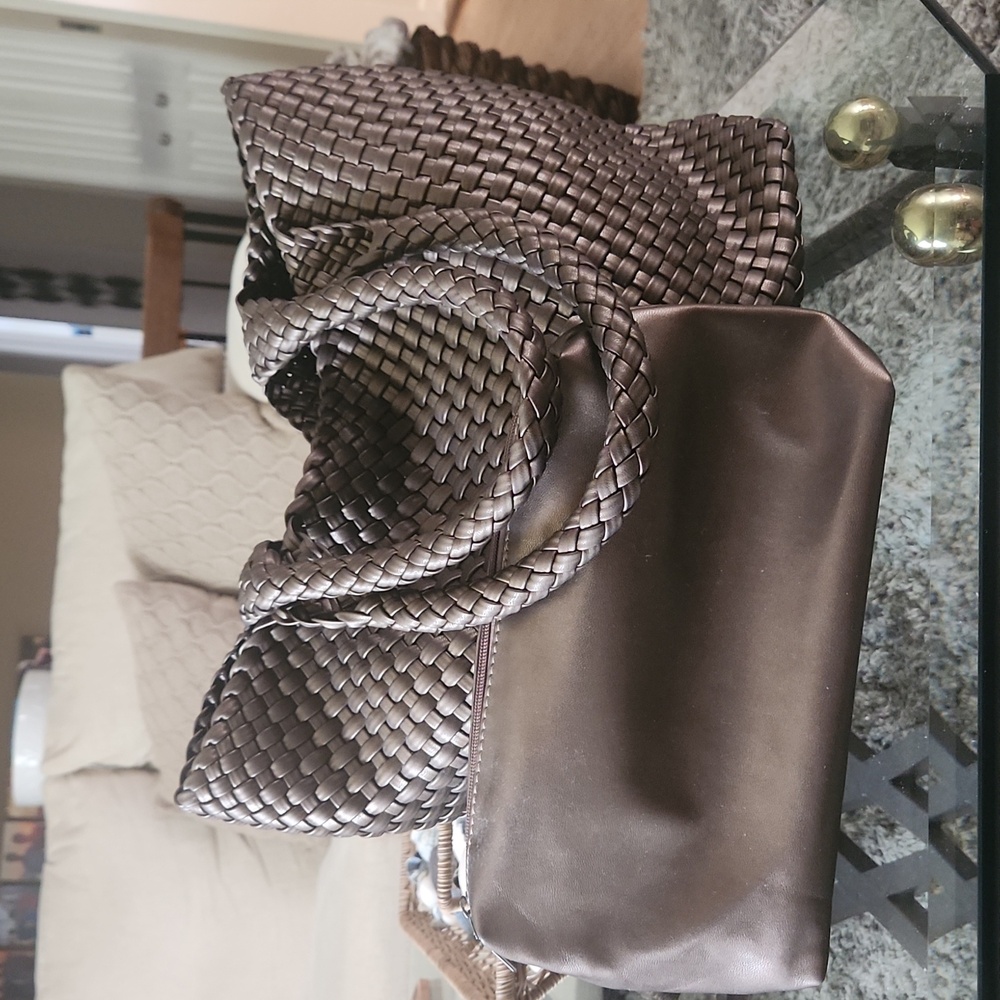 Large woven vegan leather tote bag